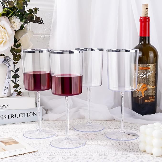 Ciaell 12 Pack Plastic Wine Glasses - 10 Oz Plastic Wine Glasses with Stem - Square Silver