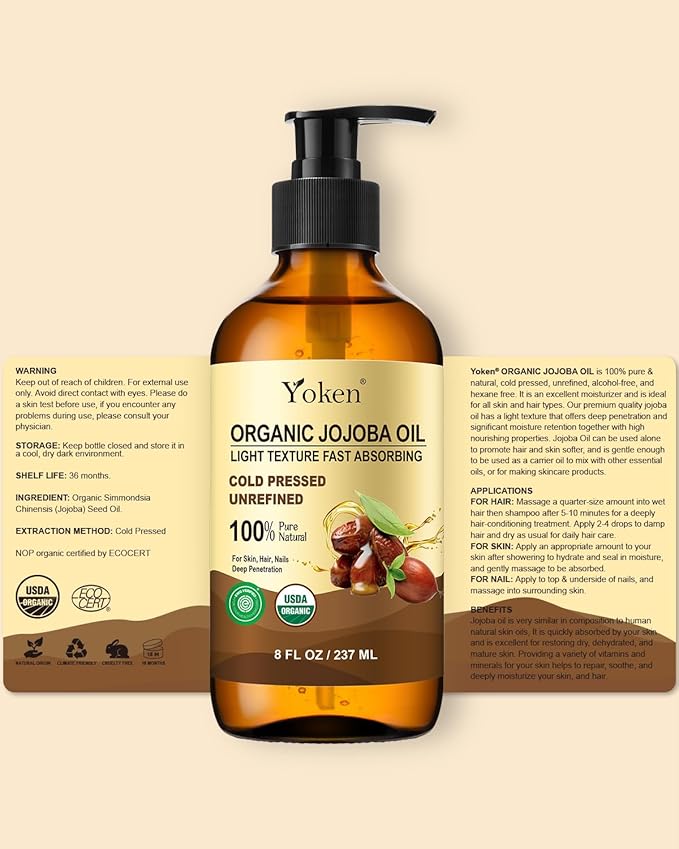 Yoken Organic Jojoba Oil Glass Bottle 8 fl oz, USDA Certified 100% Pure & Natural Jojoba Oil for