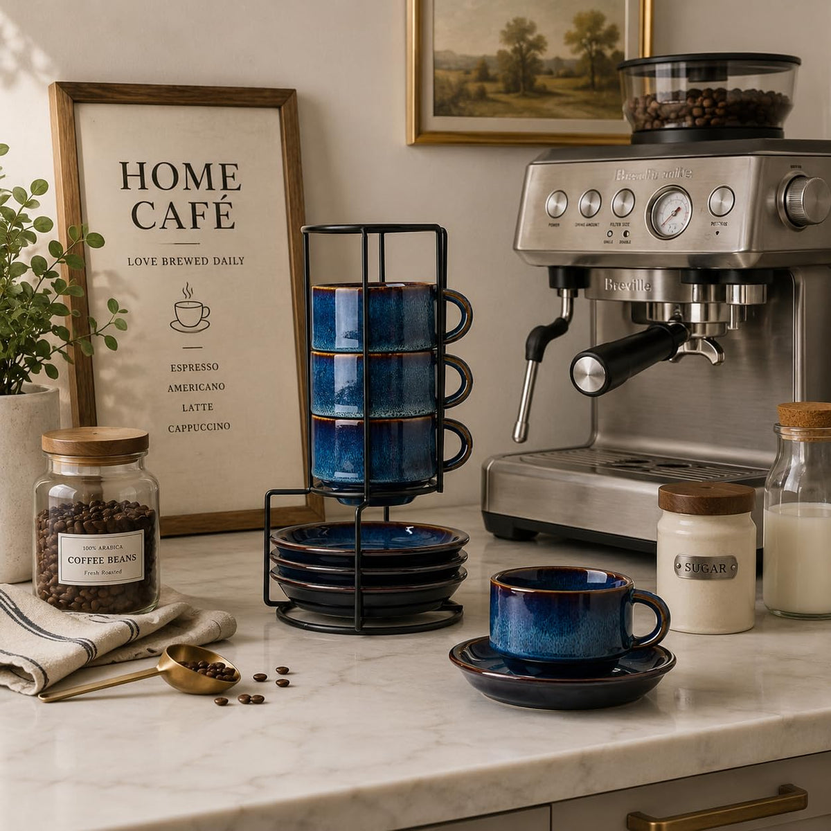 JIEMEI HOME Porcelain Stackable Cappuccino Cups with Saucers and Metal Stand, 7 Ounce Espresso Cups