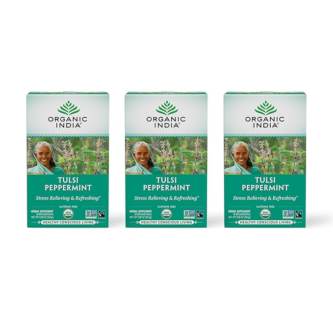 ORGANIC INDIA Tulsi Peppermint Tea - Caffeine Free Herbal Mint Tea - Stress Relieving Holy Basil