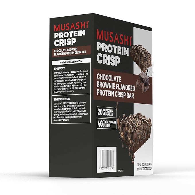 MUSASHI Protein Crisp Bar, 20g Protein, 4g Total Sugars, Chocolate Brownie, Post Workout and Snack
