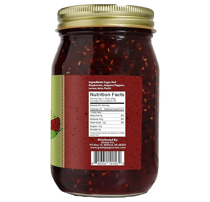 Green Jay Gourmet Raspberry Jalapeno Jam - All-Natural Raspberry Jam with Red Raspberries, Jalapeno