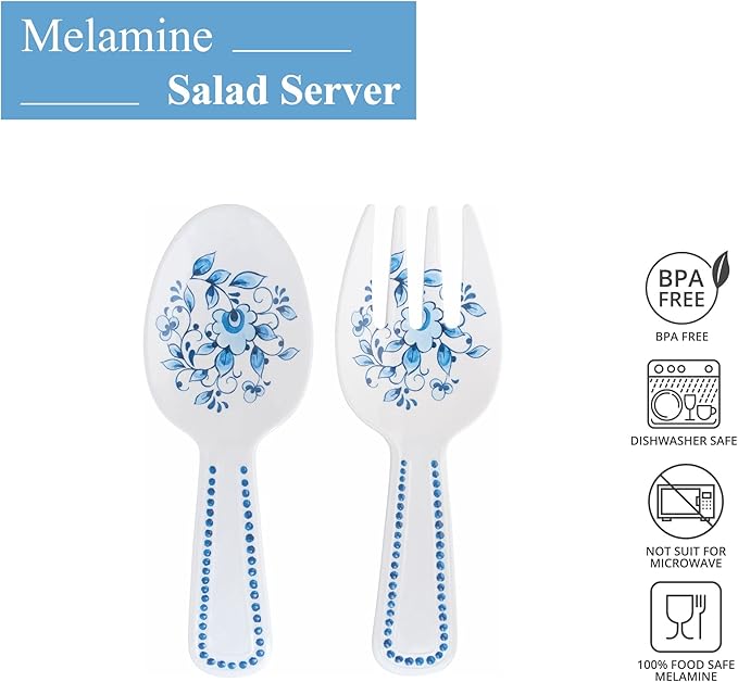 UPware Blue and White Floral Melamine Salad Servers, Serving Utensil Set, Includes Serving Fork and