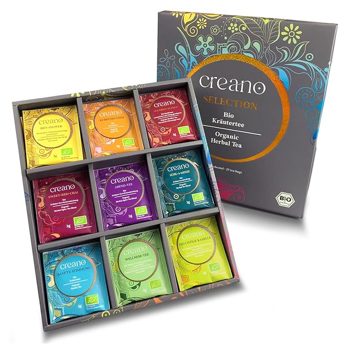 Creano Organic Herbal Tea Sampler Gift Set - Tea Gift Box - 27 Organic Tea Bags in 9 Different