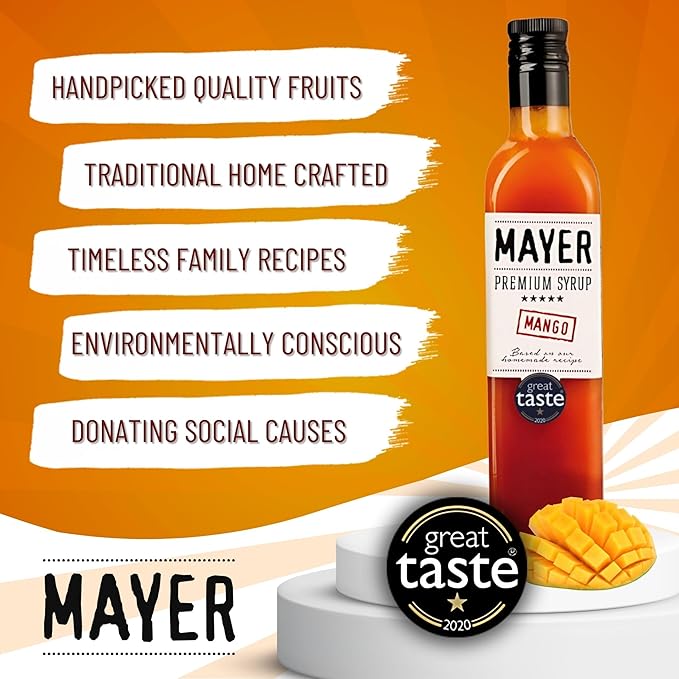 Mayer Premium Artisanal Mango Cocktail Syrup - Handcrafted in Hungary, Natural, Over 50% Real Fruits, Flavoring for Cocktails, Smoothies, Lemonade, Desserts - Zero Preservatives ( 16.9 Fl. Oz. x 2 Pack )