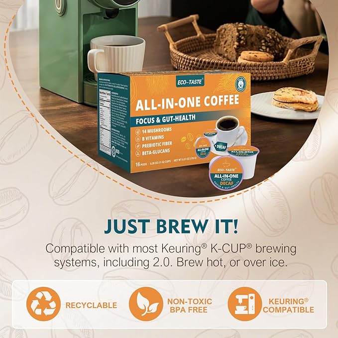 Decaf Mushroom Coffee K Cup – Focus & Gut-Health with 14-Mushrooms, Vitamins, L-Theanine and Alpha