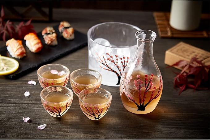 DUJUST Japanese Sake Set for 4, Handcraft Pink Cherry Blossoms Design, 1 Sake Bottle, 1 Sake Tank
