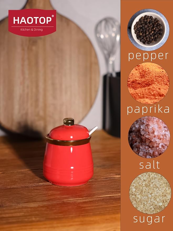 HAOTOP 12oz Sugar Bowl with Lid and Spoon,Simple Ceramic Sugar Jar Sugar Container Sugar Dispenser