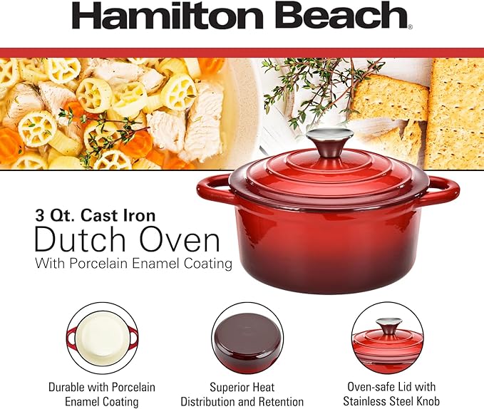 Hamilton Beach 3-Quart Enameled Cast Iron Dutch Oven with Lid | Heavy-Duty Pot for Braising