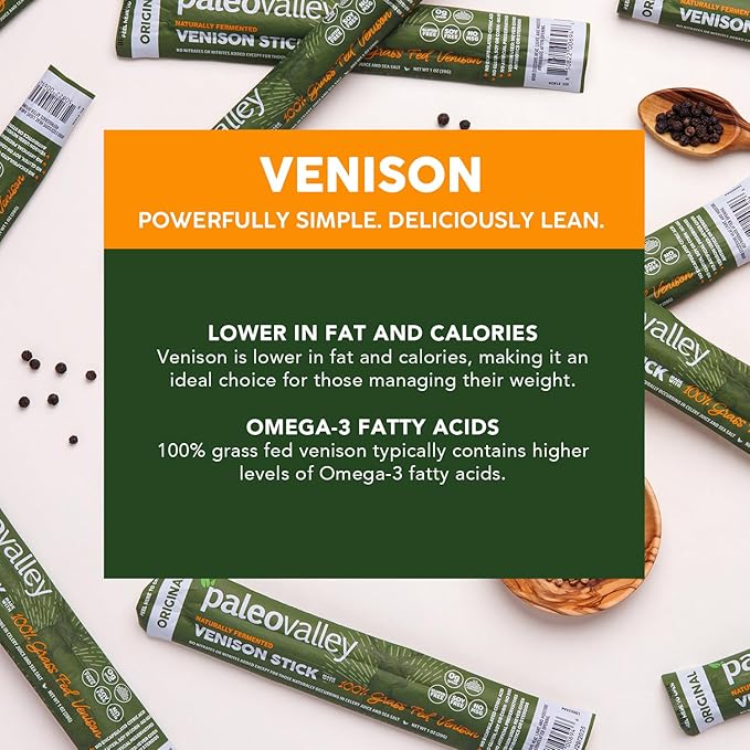 Paleovalley 100% Grass Fed Venison Sticks - 10 Pack -Keto-Friendly, High Protein, Low-Calorie Snack