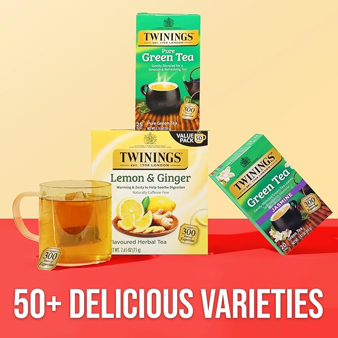 Twinings Pure Green Tea Individually Wrapped Bags, 25 Count (Pack of 6), Smooth Flavour, Enticing