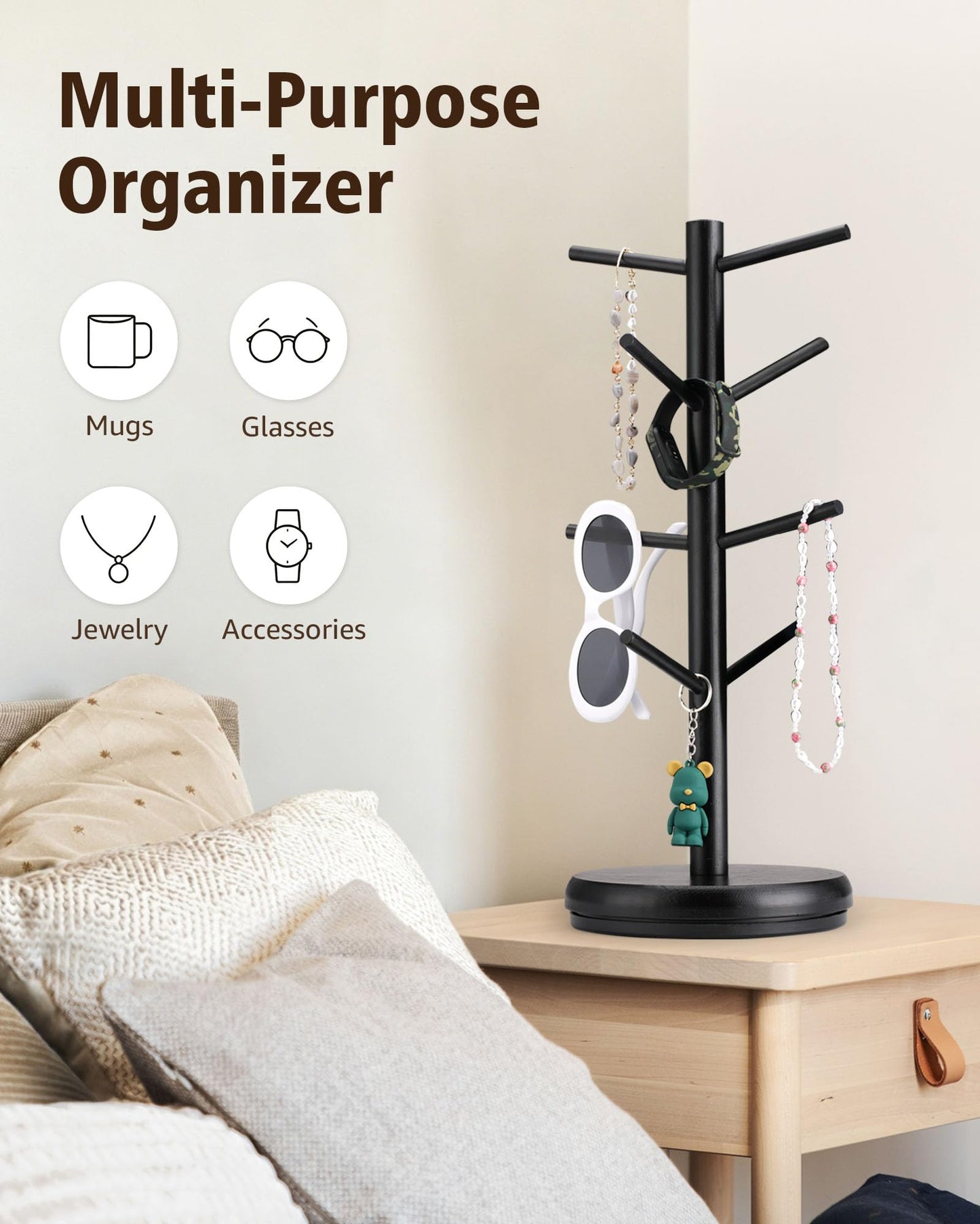 Lorbro Coffee Mug Tree, 360° Rotating Wooden Mug Holder with 8 Hooks