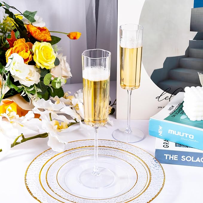 Ciaell 24 Pack Plastic Champagne Flutes - 6 Oz Flower Wavy Champagne Plastic Glasses - Heavy Duty