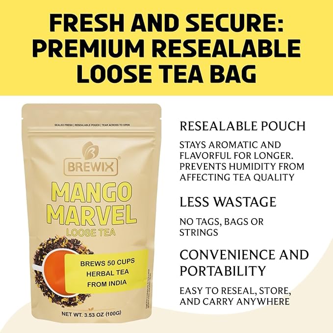 BREWIX, Mango Marvel Herbal Loose Tea (50+ Cups) | Made with Hibiscus, Mango, Pineapple, Orange