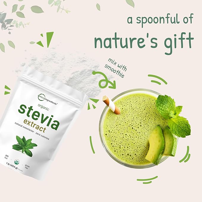 Pure Organic Stevia Powder, 1 Pound (2,837 Servings), Highest Grade Stevia Green Leaf Extract Reb-A