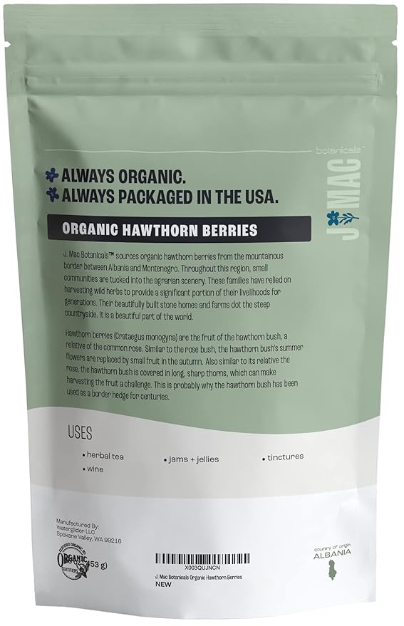 J Mac Botanicals, Organic Dried Hawthorn Berries Whole (16 oz) Hawthorn berry from Eastern Europe