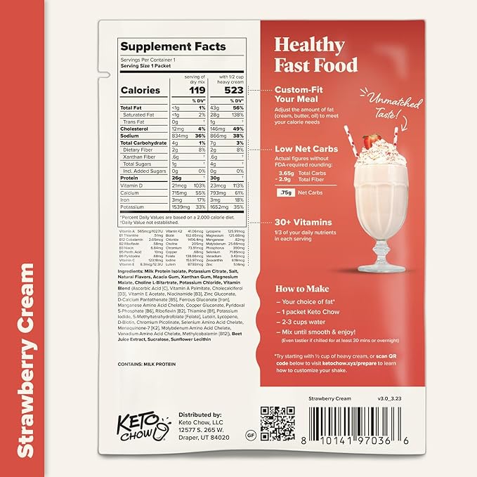 Keto Chow Strawberry Cream | Keto Meal Replacement Shake Powder | Nutritionally Complete | Low Carb
