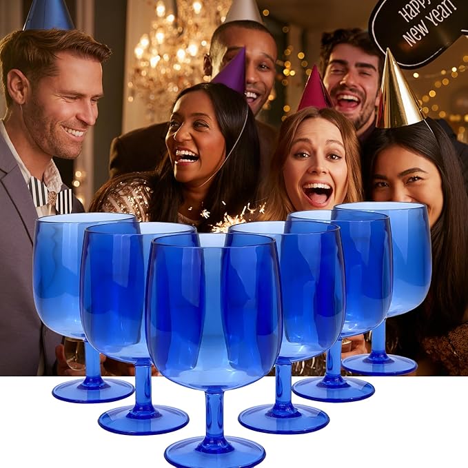 Yalin Set of 6 Unbreakable 12 oz Acrylic Plastic Wine and Water Tumbler Stackable Goblets. (Blue