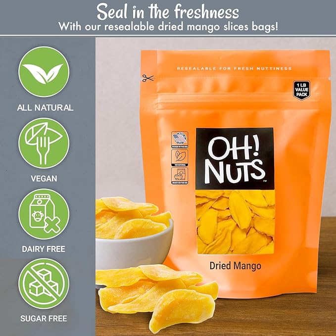Oh! Nuts Dried Mango - Dehydrated Mango Slices - Dried Mango Fruit - 1 lb - Packed in New York