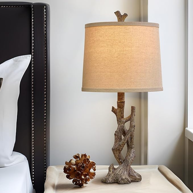 OYEARS 23" Rustic Farmhouse Table Lamp Country Cottage Lamps for Nightstand Tree Trunk Wood Grain