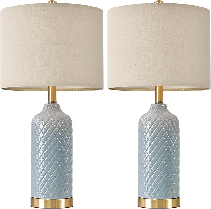 24.25" Modern Ceramic Blue Table Lamps Set of 2 for Living Room, Farmhouse, Bedside, Coastal