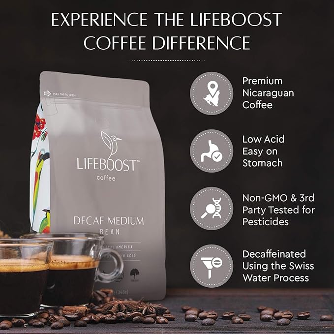 Lifeboost Medium Roast Decaf Coffee Beans ??Organic Low Acid Swiss Water Decaf ??Whole Bean Coffee