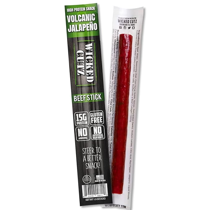 Wicked Cutz Volcanic Jalapeno Spicy Beef Sticks, Tender, Flavorful, Extra Large, Hot Beef Jerky