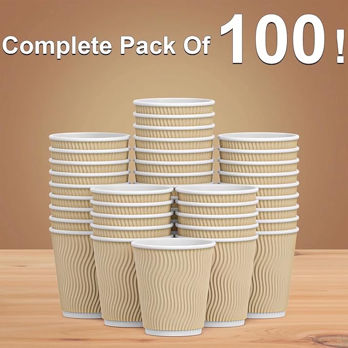 Hot 8 oz Disposable Insulated Corrugated Sleeve Ripple Wall Paper Coffee Cups for Drink, 100,8oz