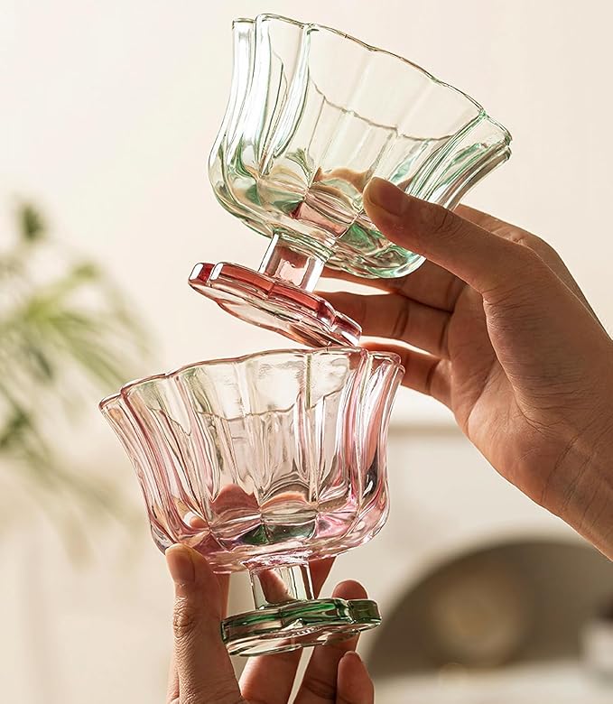 Ice Cream Bowls Drinking Glass Cups Set of 2 (Pink & Green), Flower Petal Style Glasses, 8.5oz