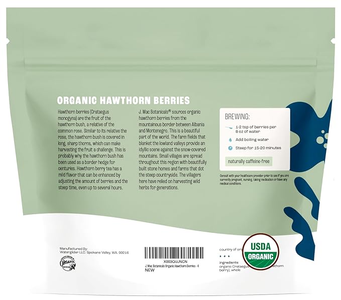 J Mac Botanicals, Organic Dried Hawthorn Berries Whole (4 oz) Hawthorn berry from Eastern Europe