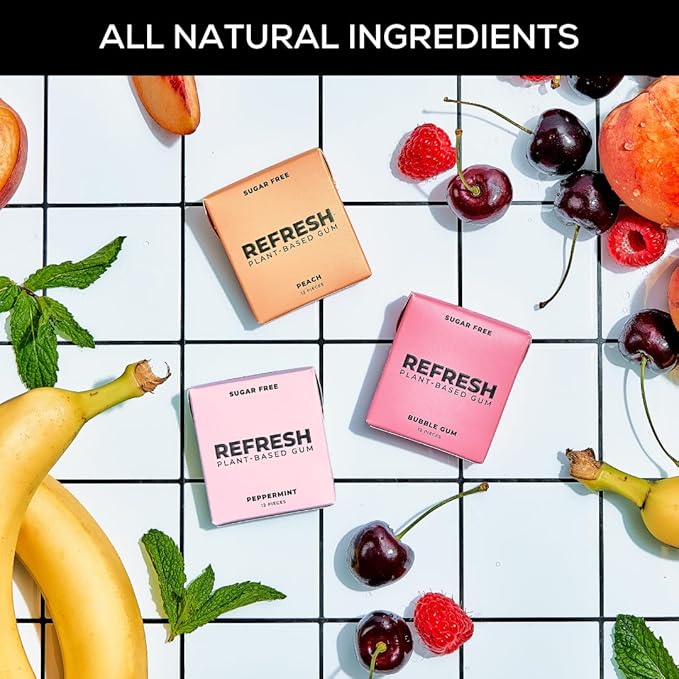 Refresh Gum, Xylitol, Natural, Sugar Free, Long Lasting Chewing Gum, Plastic Free, Natural Flavors