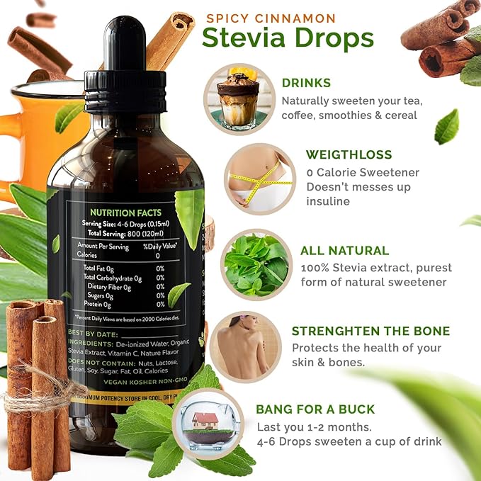 Enzo Liquid Stevia Drops Our Zero Calories Sweetener (4oz - 800 Servings/Bottle) - Cinnamon - All