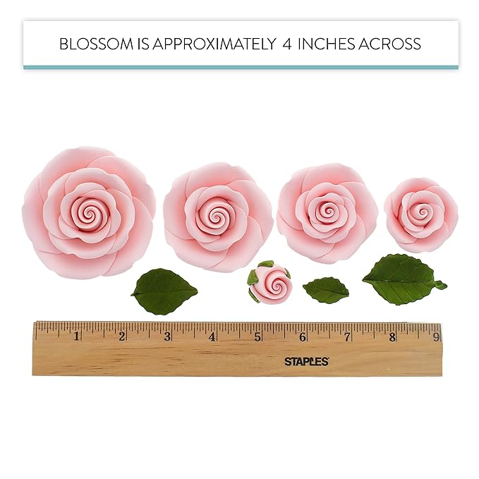 Global Sugar Art Edible Exquisite Rose & Leaf Tray Sugar Cake Flowers, Pink Unwired, 5 Count by