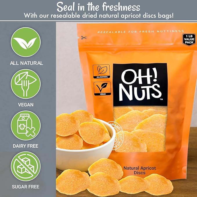 Oh! Nuts Dried Apricot Luscious Natural - 1 lb - Dried Fruit Discs - Sweetened Thin Apricot Slices