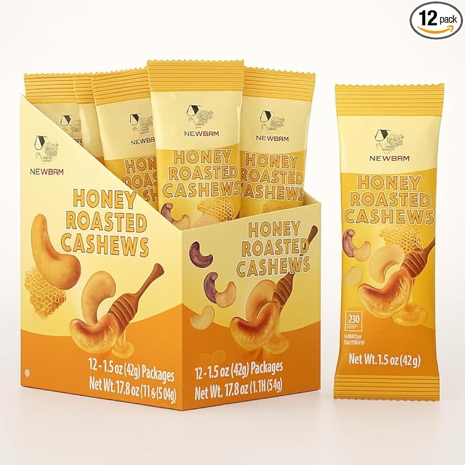 NEWBAM Honey Roasted Cashews ??12 Individual Snack Packs (1.5oz Each) ??Sweet Crunchy Nuts, Healthy