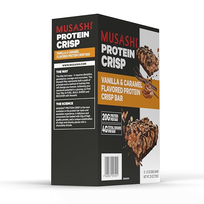 MUSASHI Protein Crisp Bar, 20g Protein, 4g Total Sugars, Vanilla & Caramel, Post Workout and Snack