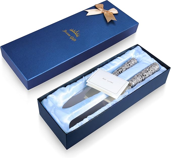 Wedding Cake Knife and Server Set - 2 Piece Dessert Set Metal Handle with Crystal Stones Decoration