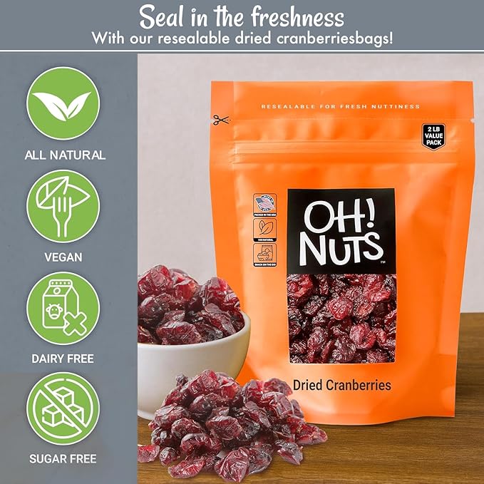 Oh! Nuts Dried Cranberries - 2 lb - Sweetened Dried Fruit - Packed in New York Zip-Seal Bag for