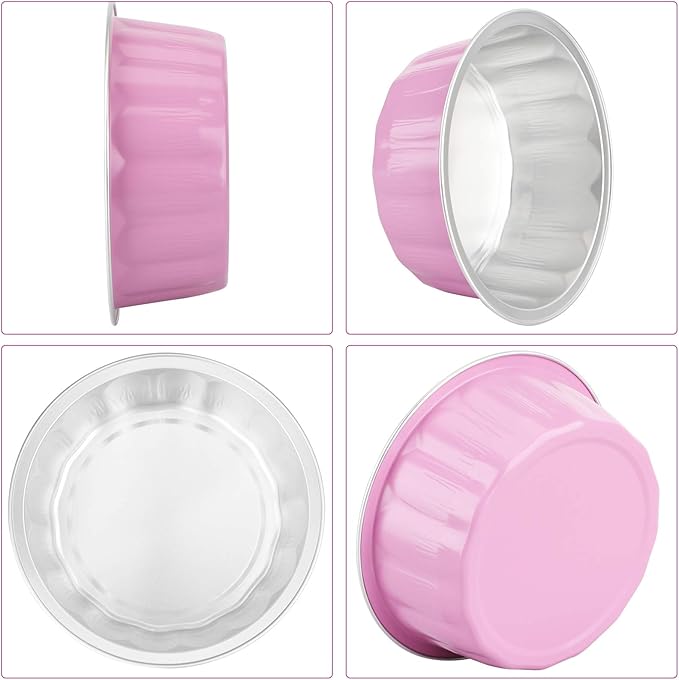 Beasea 8 oz 50 Pack Disposable Ramekins with Lids - Pink Aluminum Foil Cups for Creme Brulee