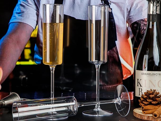 Ciaell 12 Pack Plastic Champagne Flutes - 6 Oz Clear Disposable Champagne Glasses - Square Plastic