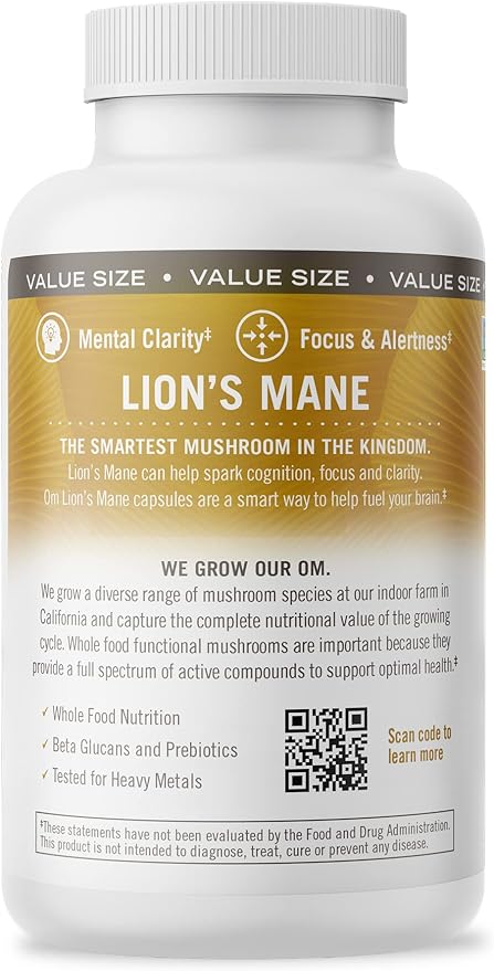 OM MUSHROOM SUPERFOOD Lion's Mane Mushroom Capsules Superfood Supplement, 180 Count, 60 Days, Fruit