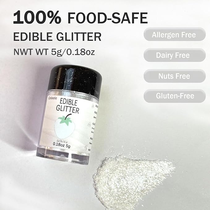 White Edible Glitter Glimmer Powder for Cakes Drinks - Colaele 5 grams Food-Grade Luster Dust