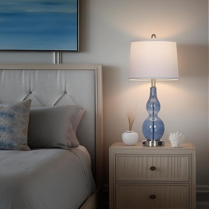 27.5" Coastal Blue Glass Double Gourd Table Lamp Set of 2,3-Way Dimmable Touch Control Bedside