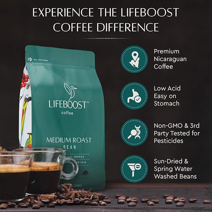 Lifeboost 3 Pack Medium Roast Whole Bean Coffee - Non-GMO Low Acid Single Origin USDA Organic