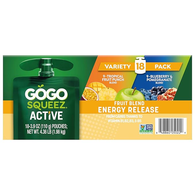 GoGo squeeZ Active Fruit Blend Energy Release | 18-Count Variety Pack | Tropical Fruit Punch and