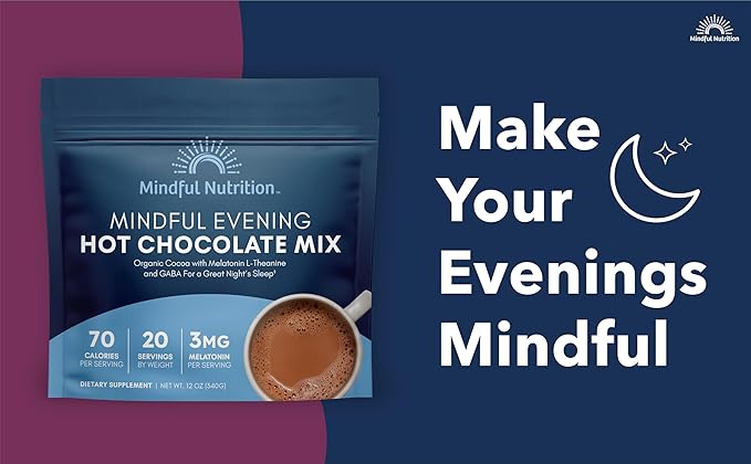 Mindful Evening Cocoa Mix Natural Sleep Aid, Melatonin 3mg, L-Theanine, GABA Supplements, Natural