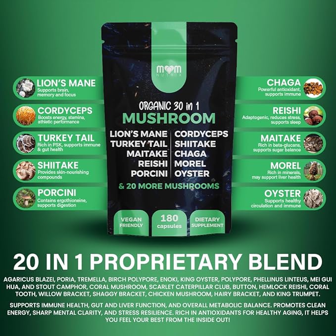 30 in 1 Ultimate Mushroom Supplement - 180 Mushroom Capsules, Organic - Lion?™s Mane, Cordyceps