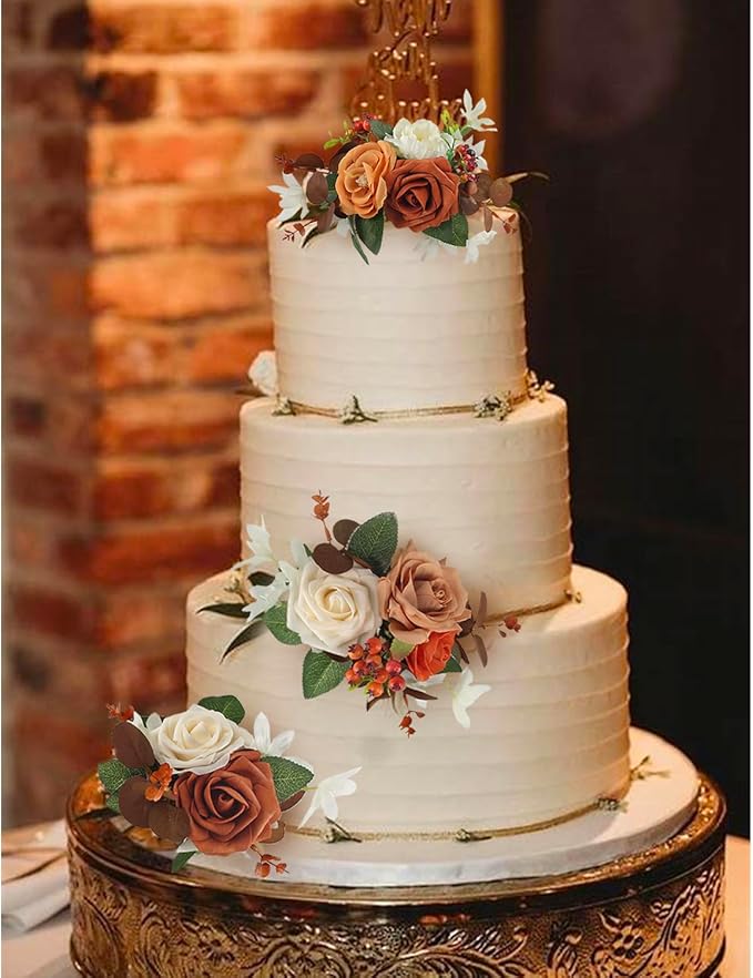 Rinlong 3Pcs Cake Topper Set Artificial Flowers for Cake Decor Burnt Orange Fall Wedding Cake