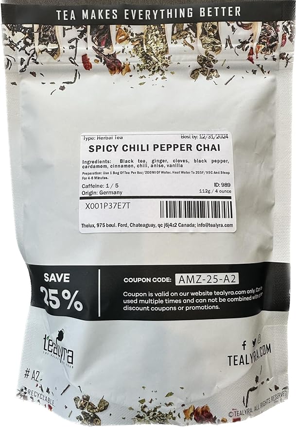 Tealyra - Spicy Chili Pepper Chai - Black Tea - Ginger - Cardamom - Cinnamon - Vanilla - Warm Spicy