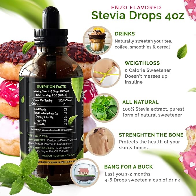 Enzo Liquid Stevia Drops Our Zero Calories Sweetener (4oz - 800 Servings/Bottle) - Rose Glazed